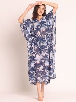 AOBA - Women Blue Tropical Printed V-Neck Swim Dres