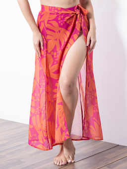 AOBA - Women Pink and Orange Tropical Printed Swimwear Wrap Skirt
