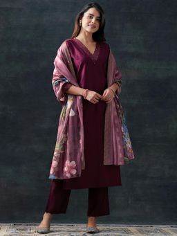 Libas - Wine Kurta with Pant and Dupatta