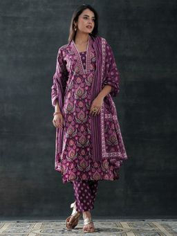 Libas - Purple Paisley Printed Straight Kurta with Pant and Dupatta