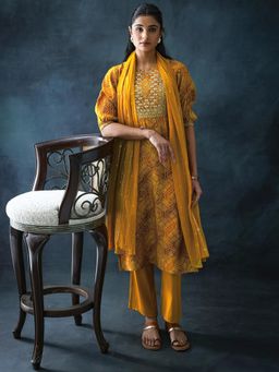 Libas - Mustard Bandhani Printed Straight Kurta with Pant and Dupatta
