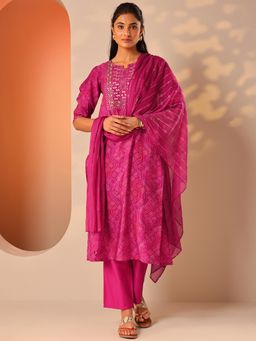 Libas - Pink Bandhani Printed Straight Kurta with Pant and Dupatta