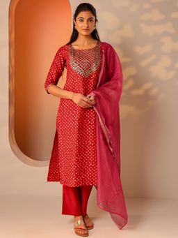 Libas - Red Bandhani Printed Kurta with Pant and Dupatta