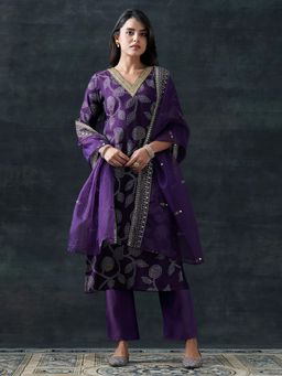 Libas - Purple Bandhani Printed Straight Kurta with Pant and Dupatta