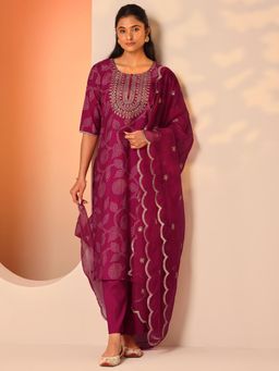 Libas - Pink Bandhani Printed Straight Kurta with Pant and Dupatta