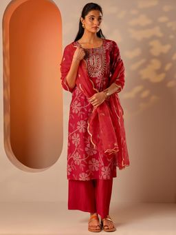 Libas - Red Floral Bandhani Straight Kurta with Pant and Dupatta