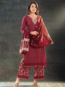 Libas - Maroon Floral Printed Straight Kurta with Palazzo and Dupatta