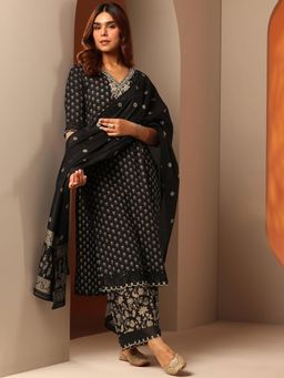 Libas - Black Floral Printed Straight Kurta with Palazzo and Dupatta