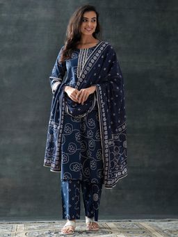 Libas - Blue Floral Bandhani Kurta with Pant and Dupatta