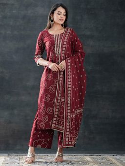 Libas - Maroon Floral Bandhani Kurta with Pant and Dupatta