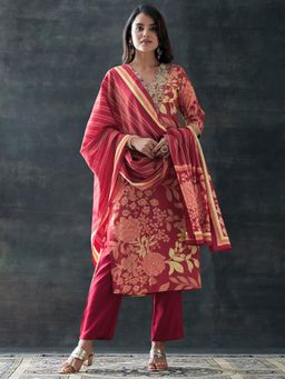 Libas - Maroon Floral Printed Straight Kurta with Pant and Dupatta