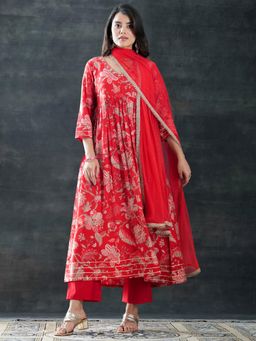 Libas - Red Printed Anarkali with Pant and Dupatta