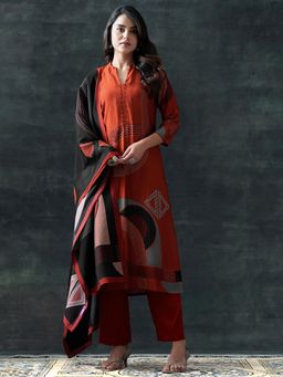 Libas - Rust Printed Straight Kurta with Pant and Dupatta