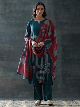 Libas - Teal Geometric Printed Straight Kurta with Pant and Dupatta