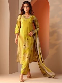 Libas - Yellow Floral Printed Straight Kurta with Pant and Dupatta