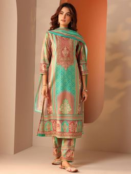 Libas - Turquoise Printed Straight Kurta with Pant and Dupatta