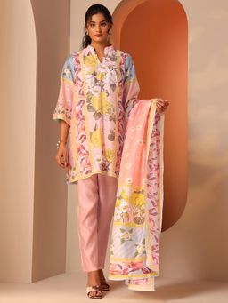Libas - Peach Floral Printed Short A-Line Kurti with Pant and Dupatta
