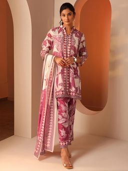 Libas - Off White Floral Printed Short A-Line Kurti with Pant and Dupatta