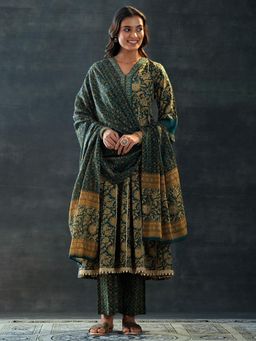 Libas - Green Floral Printed Anarkali with Pant and Dupatta