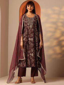 Libas - Brown Floral Printed Anarkali with Pant and Dupatta
