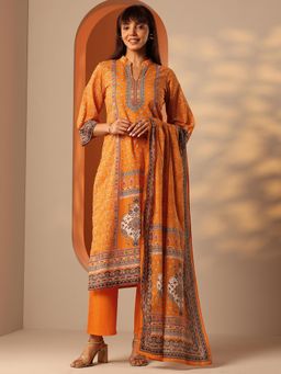 Libas - Orange Printed Straight Kurta with Pant and Dupatta