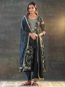 Libas - Teal Floral Printed Kurta with Pant and Dupatta