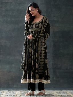Libas - Black Printed Panelled Anarkali with Pant and Dupatta