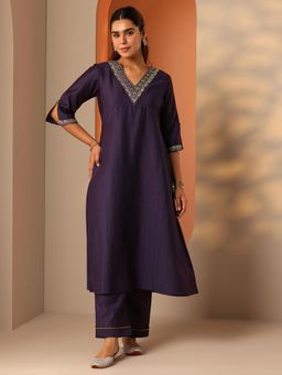 Libas - Purple Solid A-Line Kurta with Pant