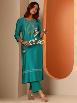 Libas - Turquoise Embroidered Straight Kurta with Pant