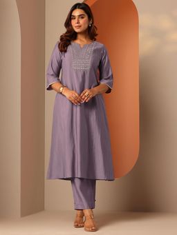 Libas - Lavender Floral Embroidered A-Line Kurta with Pant