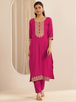 Libas - Pink Floral Embroidered Straight Kurta with Pant