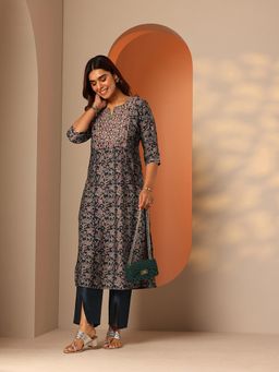 Libas - Blue Floral Embroidered Straight Kurta with Pant