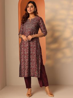 Libas - Maroon Floral Embroidered Straight Kurta with Pant