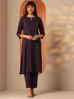 Libas - Purple Embroidered Straight Kurta with Pant