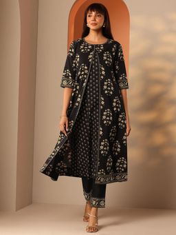 Libas - Black Floral Printed Kurta with Pant and Jacket