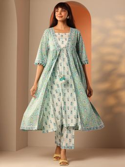 Libas - Green Floral Printed Kurta with Pant and Jacket