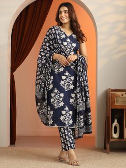 Libas - Blue Floral Printed Straight Kurta with Pant and Dupatta