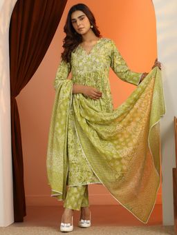 Libas - Green Paisley Printed A-Line Anarkali with Pant and Dupatta