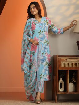 Libas - Blue Floral Printed Straight Kurta with Pant and Dupatta