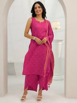 Libas - Pink Woven Straight Kurta with Palazzo and Dupatta