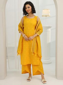 Libas - Yellow Woven Straight Kurta with Palazzo and Dupatta
