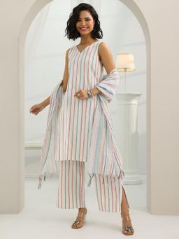 Libas - White Striped Kurta with Palazzo and Dupatta