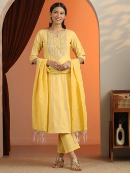 Libas - Yellow Embroidered Kurta with Pant and Dupatta