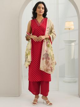 Libas - Red Printed Straight Kurta with Palazzo and Dupatta