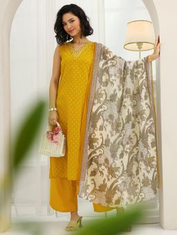 Libas - Yellow Printed Straight Kurta with Palazzo and Dupatta
