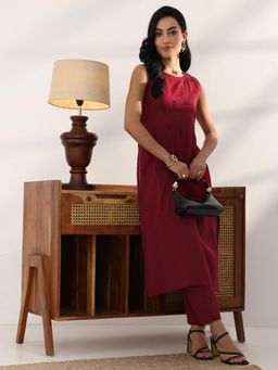 Libas - Maroon Geometric Embroidered Straight Co-Ord Set