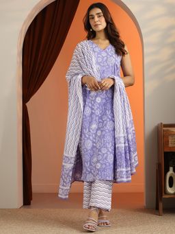 Libas - Purple Floral Printed Kurta with Pant and Dupatta