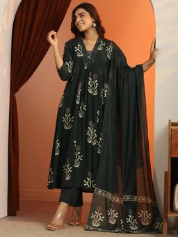 Libas - Green Floral Printed A-Line Anarkali with Pant and Dupatta