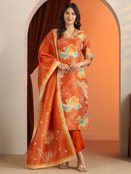 Libas - Orange Floral Printed Straight Kurta with Pant and Dupatta