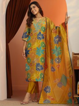 Libas - Mustard Floral Printed Straight Kurta with Pant and Dupatta